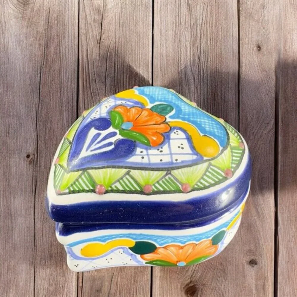 Mexico‎ Talavera Pottery Heart Shaped Trinket Dish Container Jewelry Holder VTG